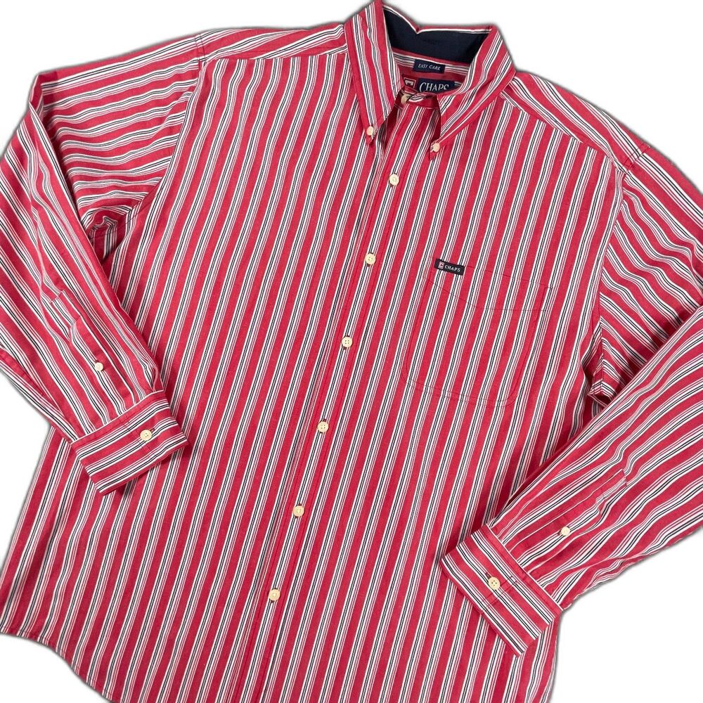 Chaps Shirt Mens L Large Red White Striped Button Down Long Sleeve Easy Care Mix